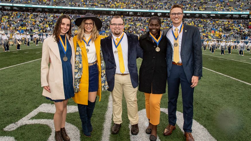 The 2022 Mountaineers of Distinction, announced during the Nov. 12 WVU vs. Oklahoma game, are (from left) Callyn Zeigler, Giana Loretta, Trevor Swiger, Sonia-Frida Ndifon and Matthew Hudson. 