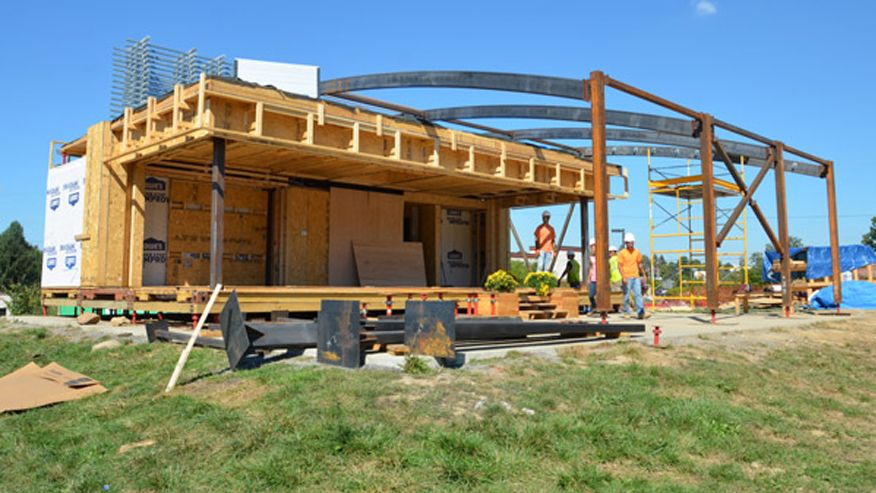 An image of the 2015 University of Tor Vergata and West Virginia University Solar House while it undergoes construction