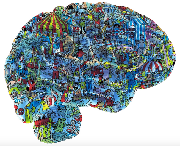 An illustration of a brain with people in it.
