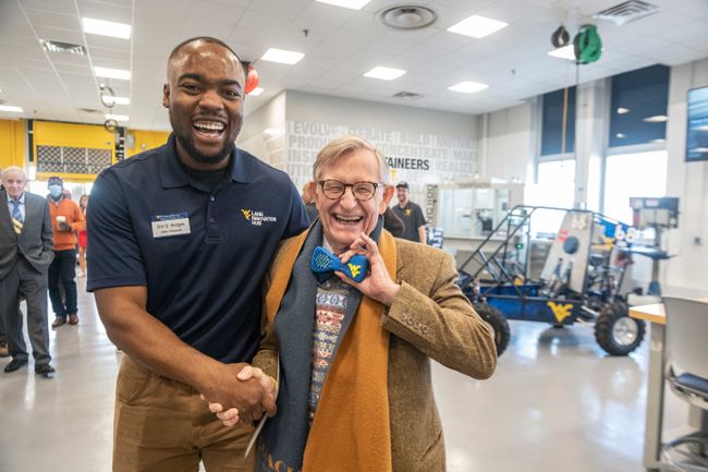 Dre' Hodges (left) made President Gordon Gee (right) two 3D printed bowties the night before the Lane Innovation Hub dedication. The bowties took Hodges two hours to design and six hours to print. The bowties are wearable, using a magnetic clip Hodges designed at the Lane Innovation Hub