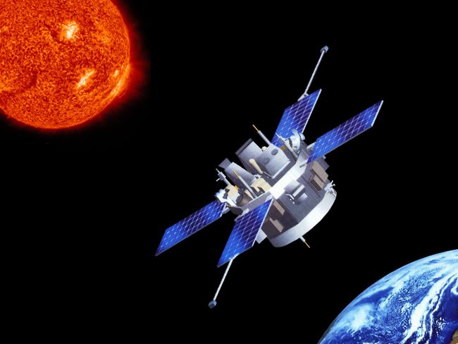 Illustration of satelite in space between Earth and the sun