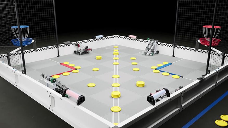This image shows an arena set up with obstacles that robots will navigate during the VEX Robotics Competition at WVU. 
