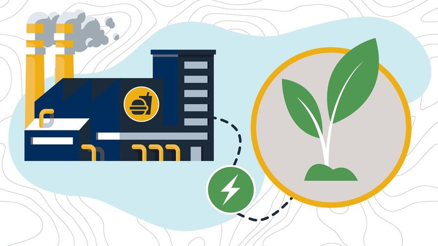 A graphic created by WVU showing a factory with smoke billowing out with a dotted line to a healthy green plant. 
