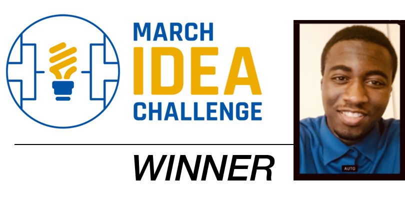 Logo for March IDEA Challenge and photo of winner Albert Nunez