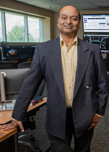 Anurag Srivastava, professor and chair, WVU Lane Department of Computer Science and Electrical Engineering, runs a lab that simulates power grid crises as part of his research. (WVU Photo/Brian Persinger)