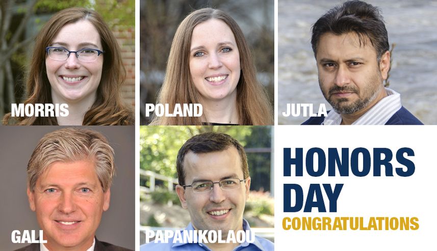 A photo of award winners Morris, Poland, Jutla, Gall, and Papanikolaou. Honors Day Congratulations!