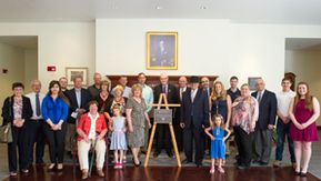 The Leidecker family pictured with representatives from the Department of Petroleum and Natural Gas Engineering as well as Statler College
