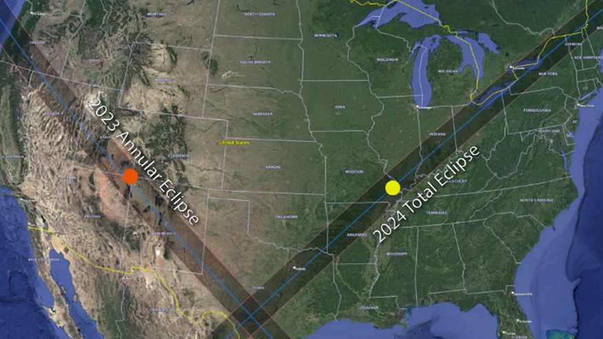 Map of the United States showing the path of solar eclipse's that will occur on 2023 and 2024. 