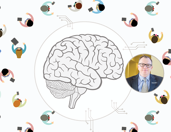 A brain connected via technology to people holding mobile devices, and a picture of Matt Valenti
