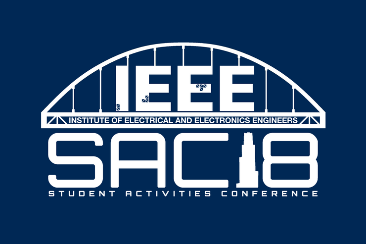 A photo of the t-shirt design from IEEE. Navy t-shirt with white bridge. IEEE Institute of Electrical and Electronics Engineers SAC18 Student Activities Conference