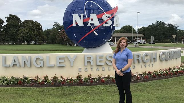 Allison Arnold in front of the NASA Langley Research Center