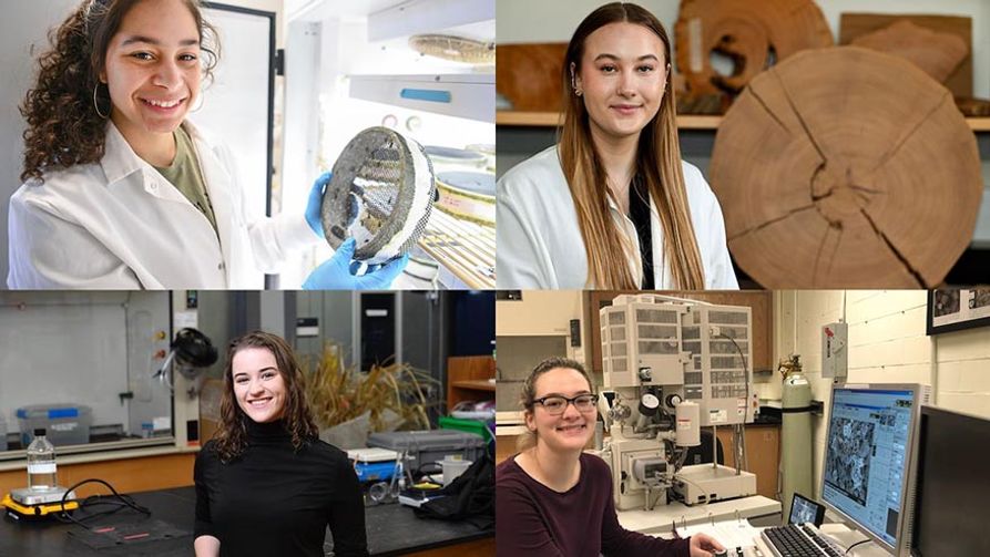 A composite of four students who have received prestigious research scholarships. All four students are female and are pictured in various lab facilities. 