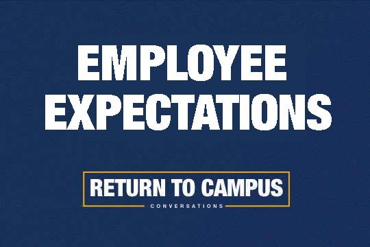 Gold and blue graphic with the words Employee Expectations, Return to Campus.