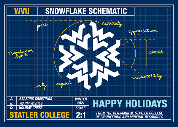 WVU 2021 holiday card. Blue architectural diagram of a WVU snowflake showing how peace, love, coming together, well wishes, be merry, joy and family make up the holidays. Seasons Greetings, Warm wishes, Architect: Statler College. Happy Holidays from the Benjamin M. Statler College of Engineering and MIneral Resources