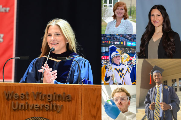 A collage of photos featuring students, graduates, and the commencement speaker