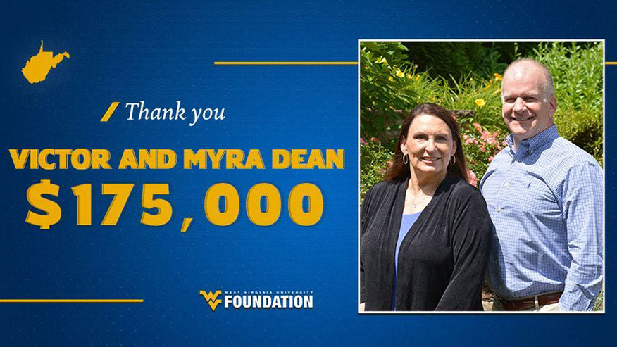 Graphic on blue background, text reads: Thank you Victor and Myra Dean, $175,000 and photo of Victor and Myra posed smiling for camera on right