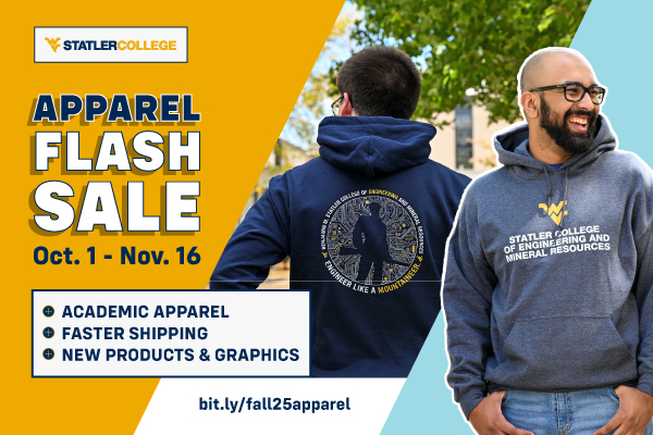 Statler College Apparel Flash Sale Oct. 1-Nov. 16, Academic apparel, faster shipping and new products and graphics, images of students in hoodies