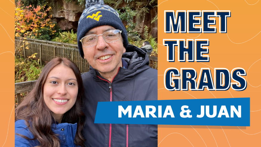 Graphic with photo of Maria Rincon-Perez and Juan Rincon on orange background with text on right that says 'Meet the Grads Maria & Juan'