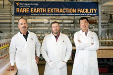 posed photo of Ziemkiewicz, Vass and Liu at the WVU Rare Earth Extraction Facility