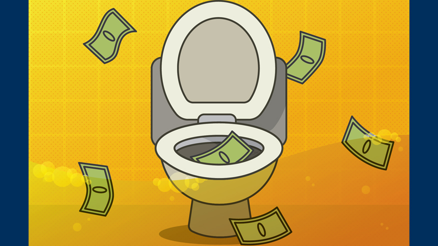 Illustrated toilet with money flying out of it.