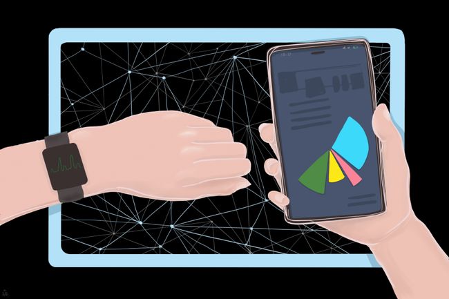 An illustration of a hand wearing a smart watch with another hand holding a cellphone