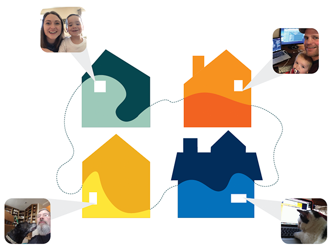 Colorful houses with chat bubbles of people talking virtually