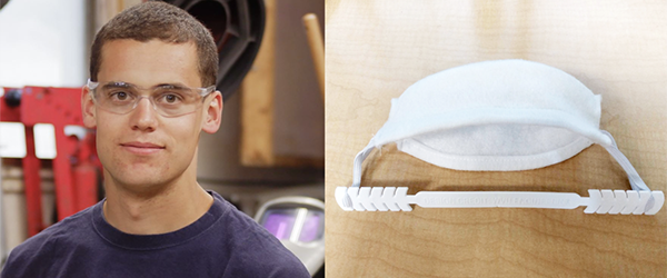 (Left) Pete Hinkey, a 2016 mechanical engineering graduate and design engineer at Rifton Equipment. (Right) The injection mold created by Rifton allowed the mask extenders to be produced more quickly to support health care workers.
