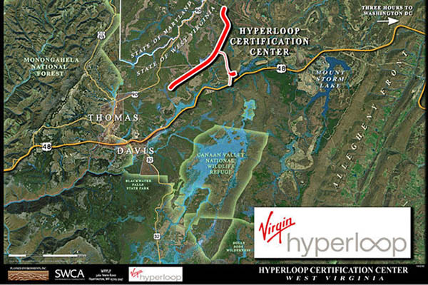 This map shows the location of the Virgin Hyperloop Certification Center in northeastern West Virginia. (Virgin Hyperloop Courtesy Rendering)