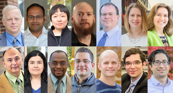 Recipients of the College's Teaching, Research and Advising Awards. (Top row, from left to right) Todd Hamrick, Ashish Nimbarte, Yuxin Liu, Ron Reaser, Brian Woerner, Robin Hissam and Maggie Bennewitz. (Bottom row, from left to right) John Quaranta, Lizzie Santiago, Don Adjeroh, Kostas Sierros, Jason Gross, Fernando Lima, and Berk Tulu. 