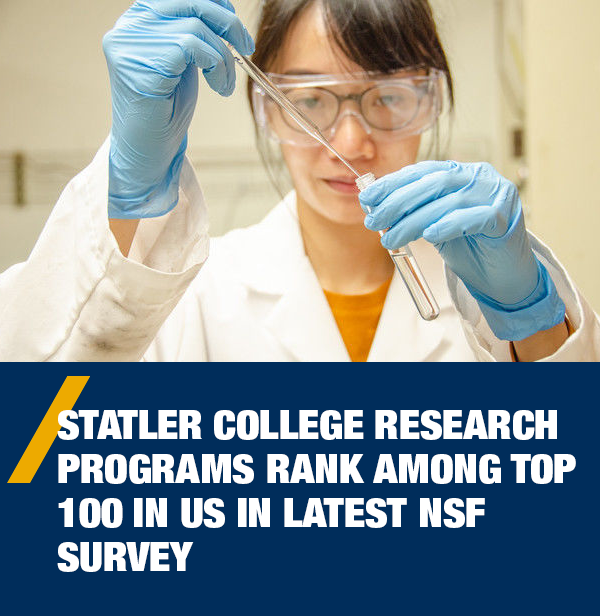 Statler College research programs rank among top 100 in US in latest NSF survey - woman using a test tube